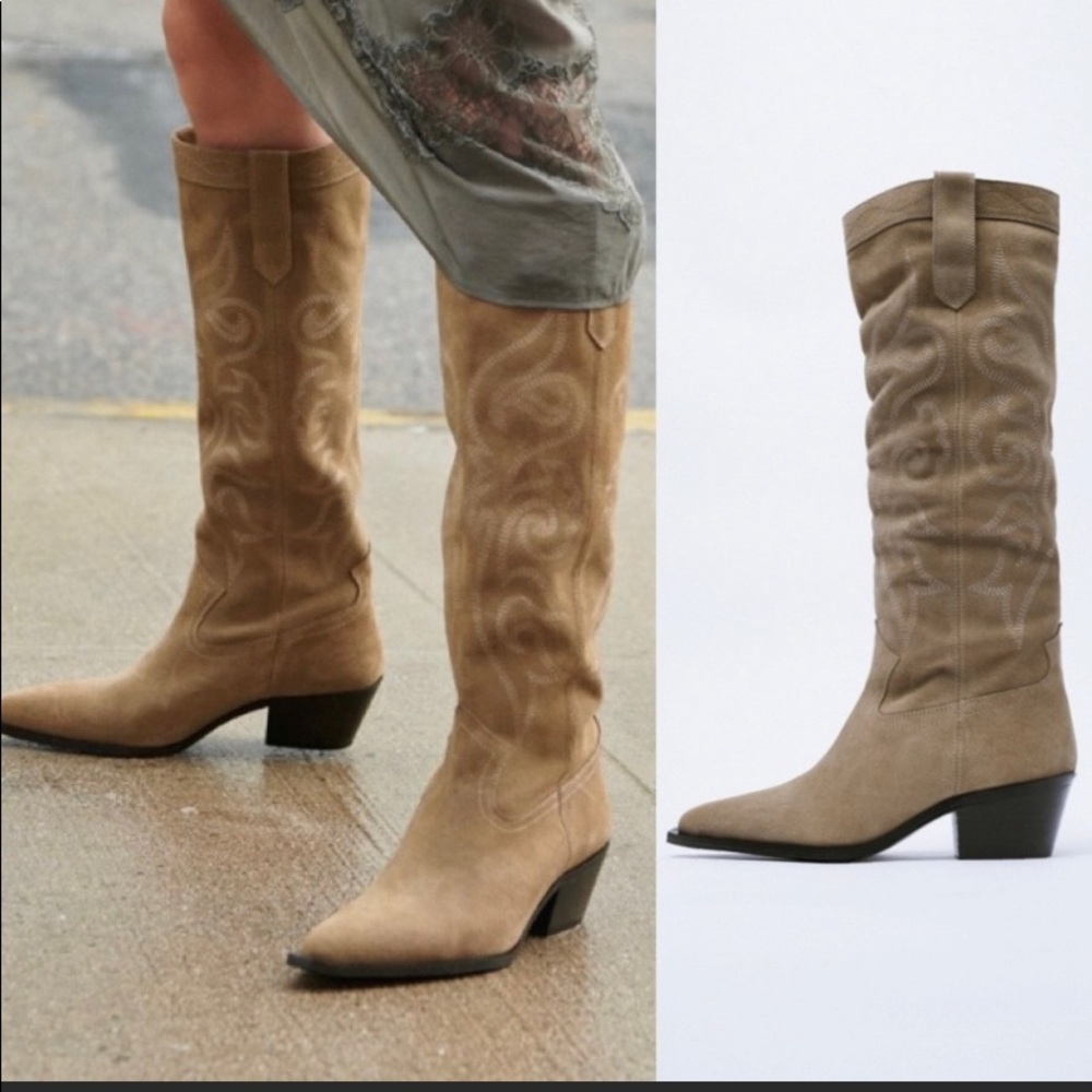 NWT | Zara Split Leather Women’s Cowboy Boots 8.5/39